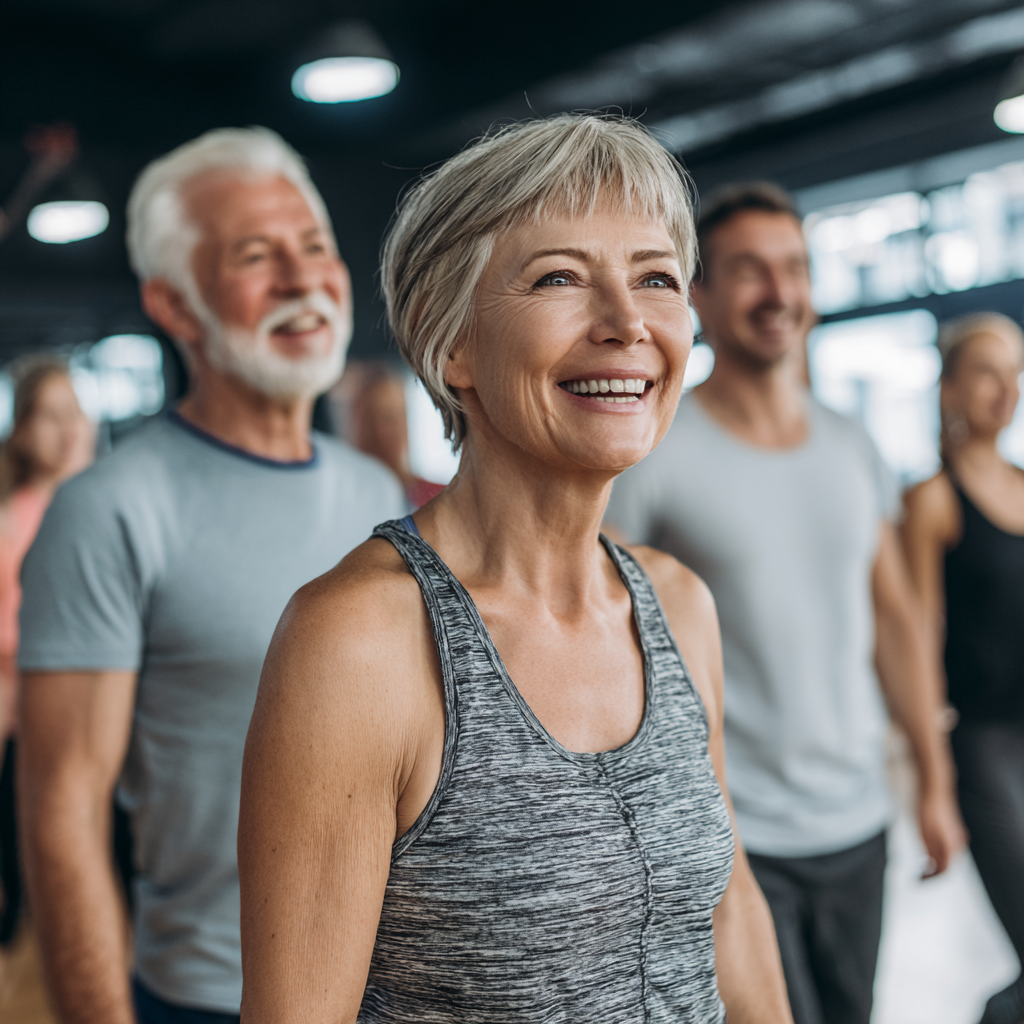 Happy Ukrainian adults in their 40s and 50s doing high-intensity interval training outdoors, showing determination and joy